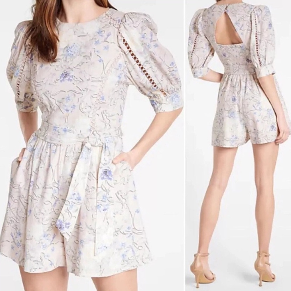 Express Floral Linen-blend puff sleeve romper dress